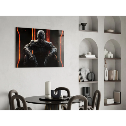 Sleek black orange futuristic armored warrior glass wall art with glowing lights