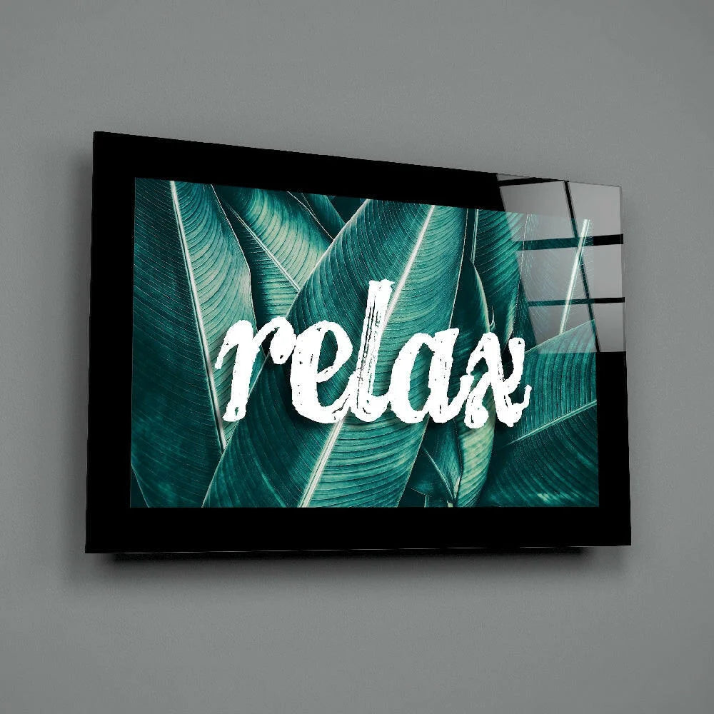 Teal leaf relax glass wall art in black frame