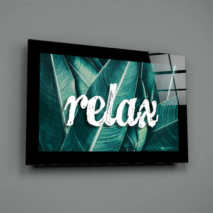 Teal leaf relax glass wall art in black frame