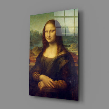 Mona Lisa Glass Wall Art displayed at an angle showing the famous portrait printed on glass with a window grid reflection overlay visible across the surface.