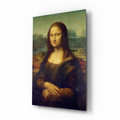 Mona Lisa portrait printed on glass panel displayed at an angle, showing the subject's face, dark clothing, and Renaissance landscape background.