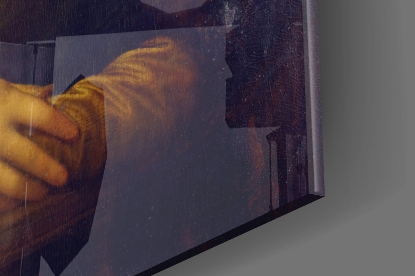 Angled side view of glass wall art featuring the Mona Lisa painting with visible glass edges and reflective surface.