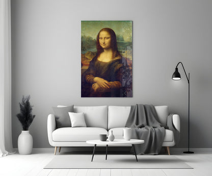 Mona Lisa glass wall art displayed above a white sofa in a modern living room with minimalist décor.