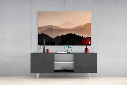 Sepia Layered Ridges and Pine Forest Glass Wall Art