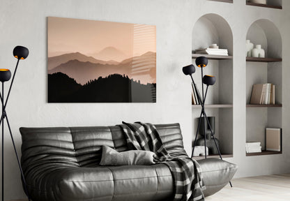 Sepia Layered Ridges and Pine Forest Glass Wall Art