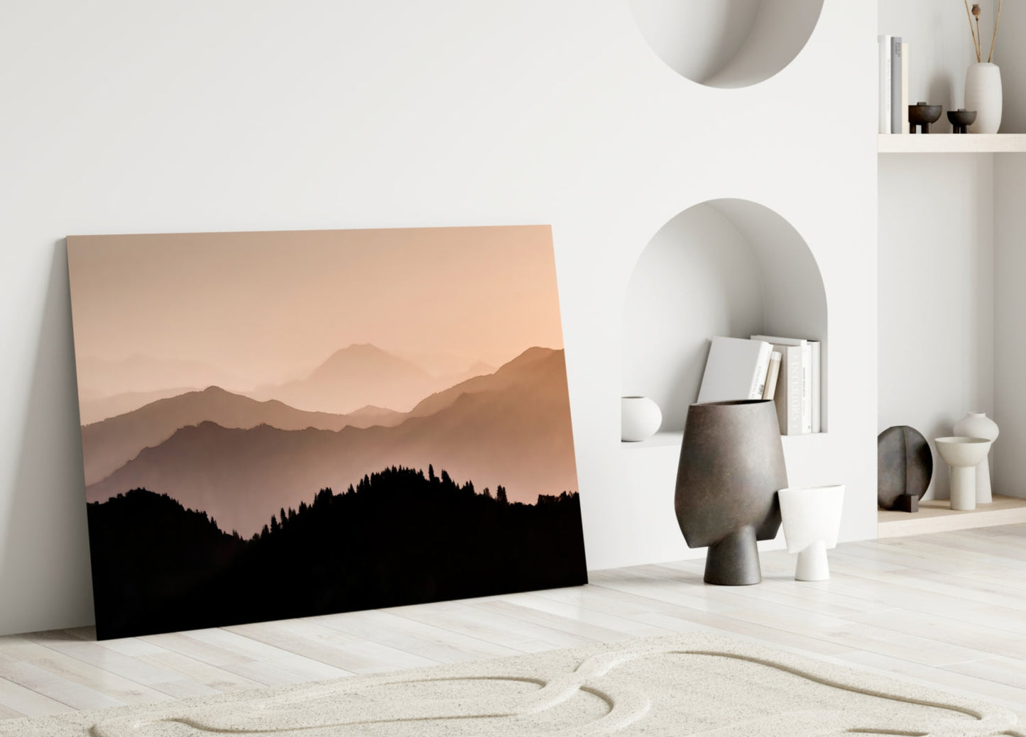Sepia Layered Ridges and Pine Forest Glass Wall Art