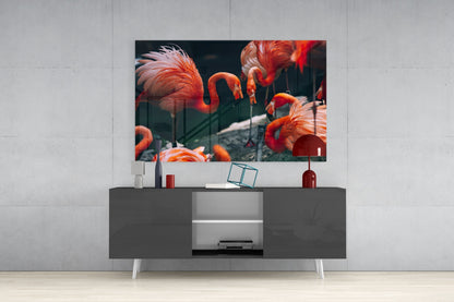 Tropical Foliage Pink Flamingo Flock Glass Wall Art