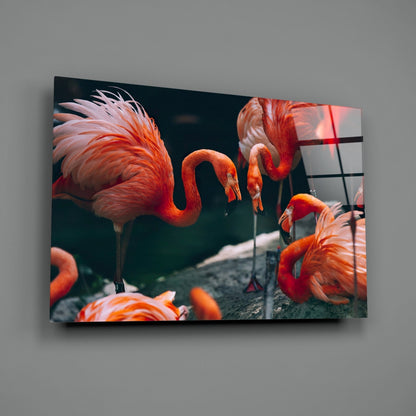 Tropical Foliage Pink Flamingo Flock Glass Wall Art