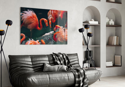 Tropical Foliage Pink Flamingo Flock Glass Wall Art