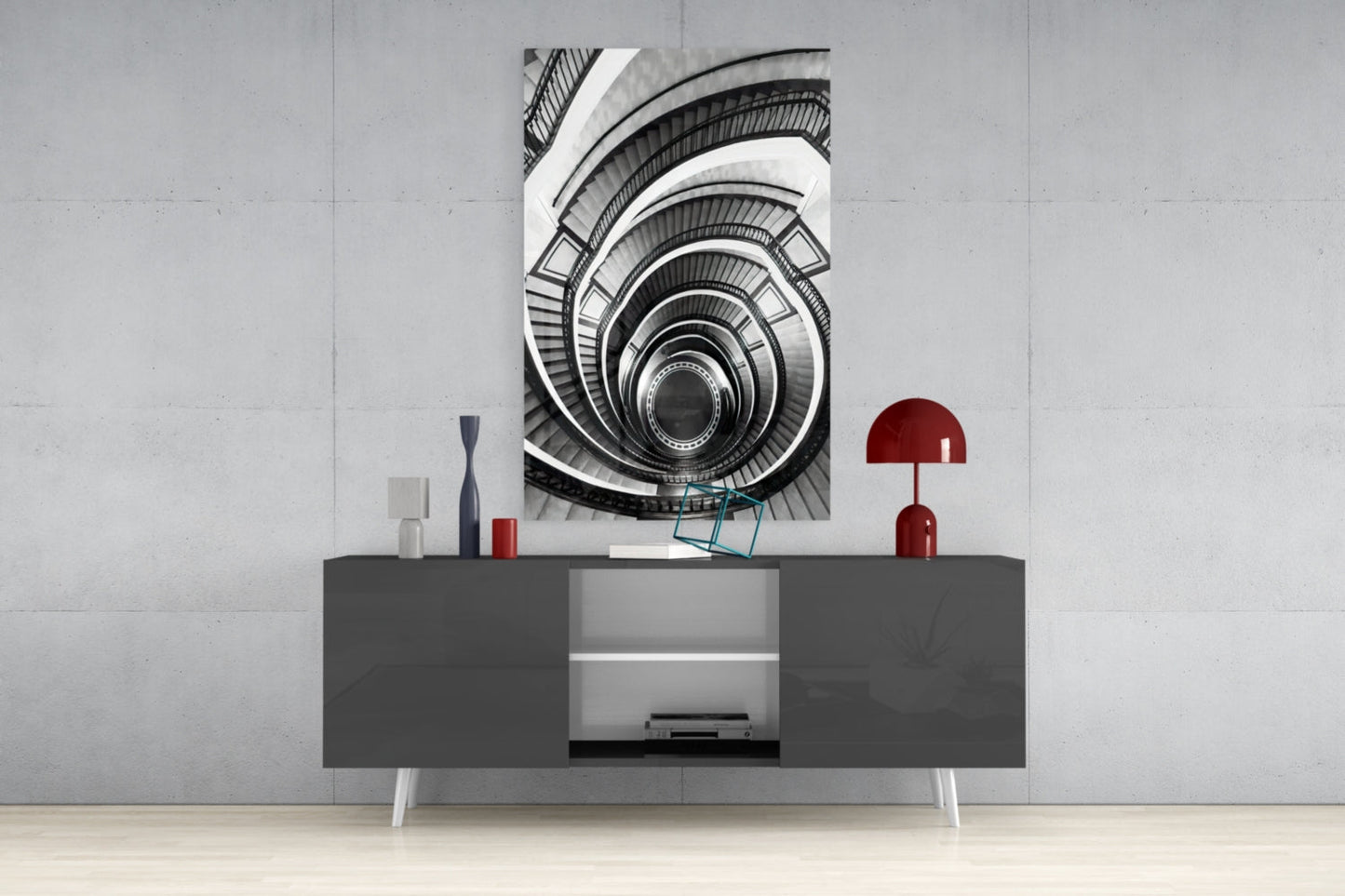Monochrome Spiral Staircase From Above Glass Wall Art