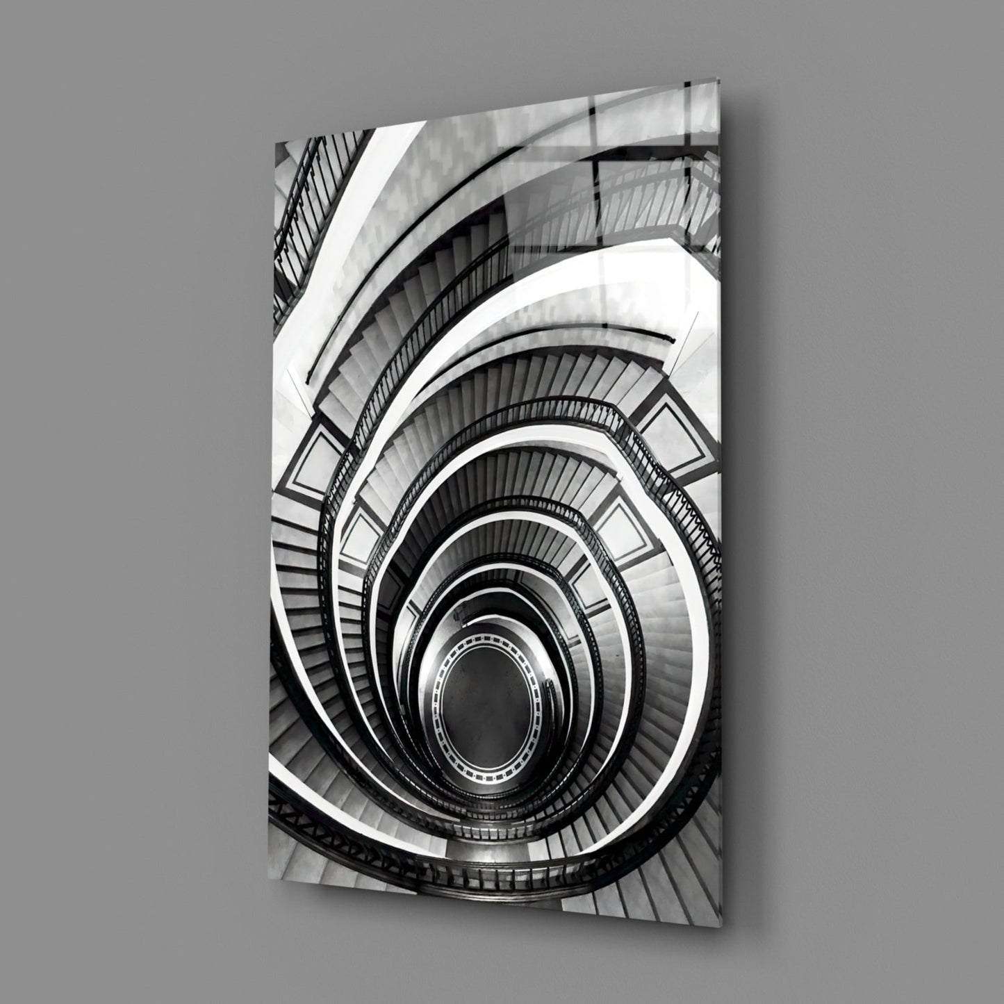 Monochrome Spiral Staircase From Above Glass Wall Art