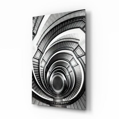 Monochrome Spiral Staircase From Above Glass Wall Art