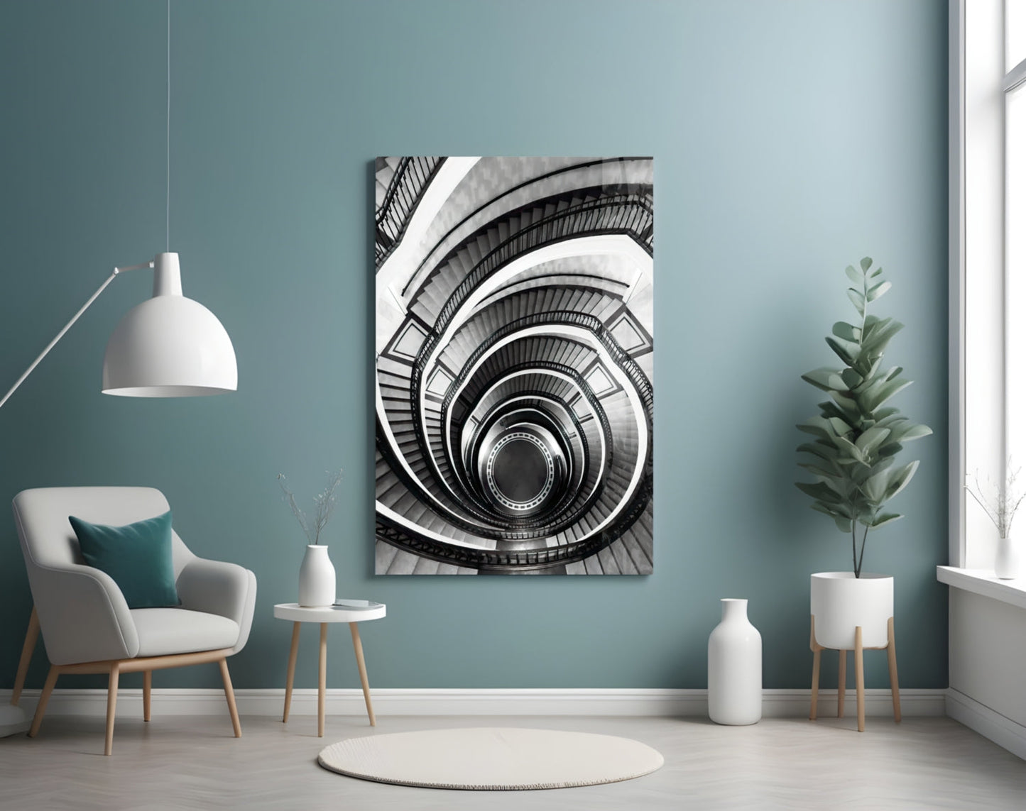 Monochrome Spiral Staircase From Above Glass Wall Art