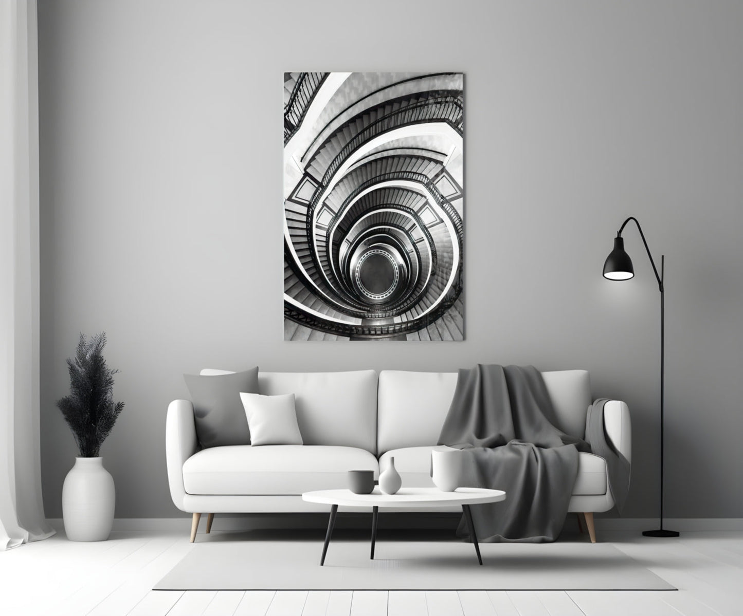 Monochrome Spiral Staircase From Above Glass Wall Art
