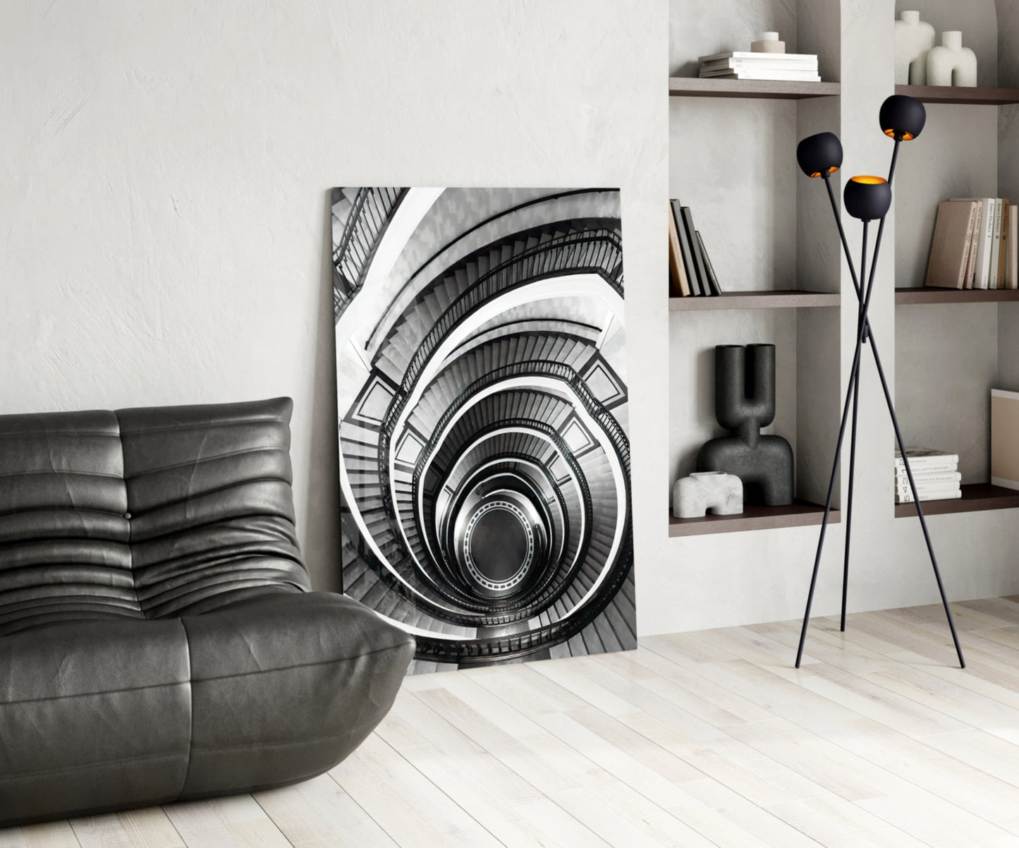Monochrome Spiral Staircase From Above Glass Wall Art