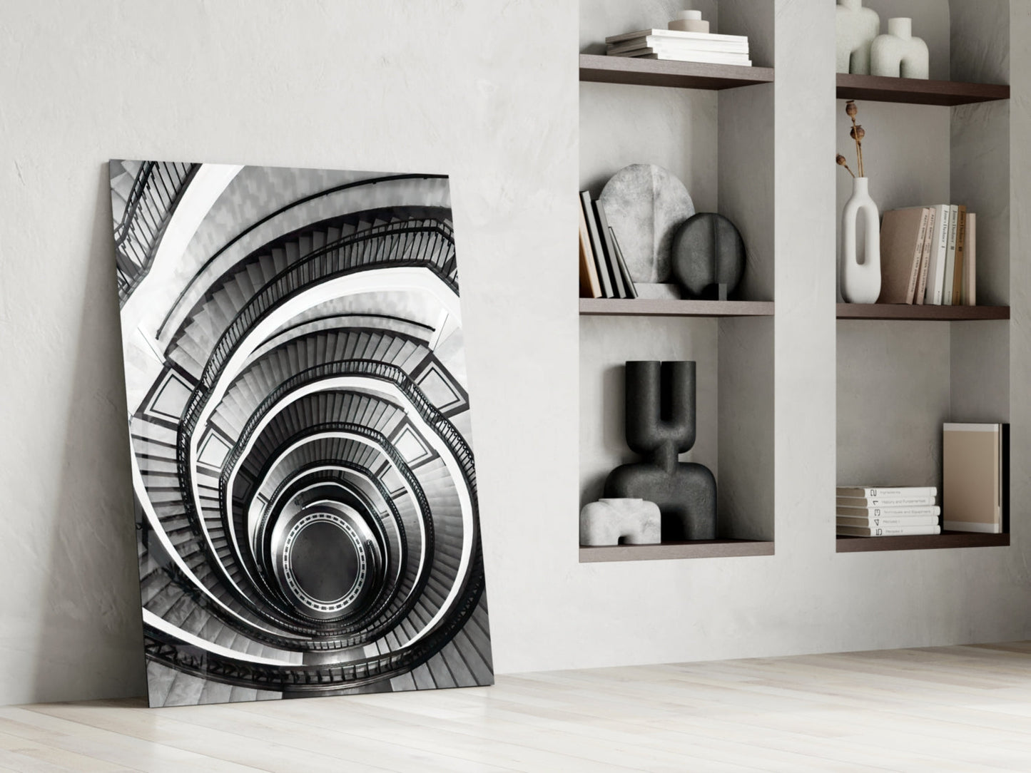 Monochrome Spiral Staircase From Above Glass Wall Art