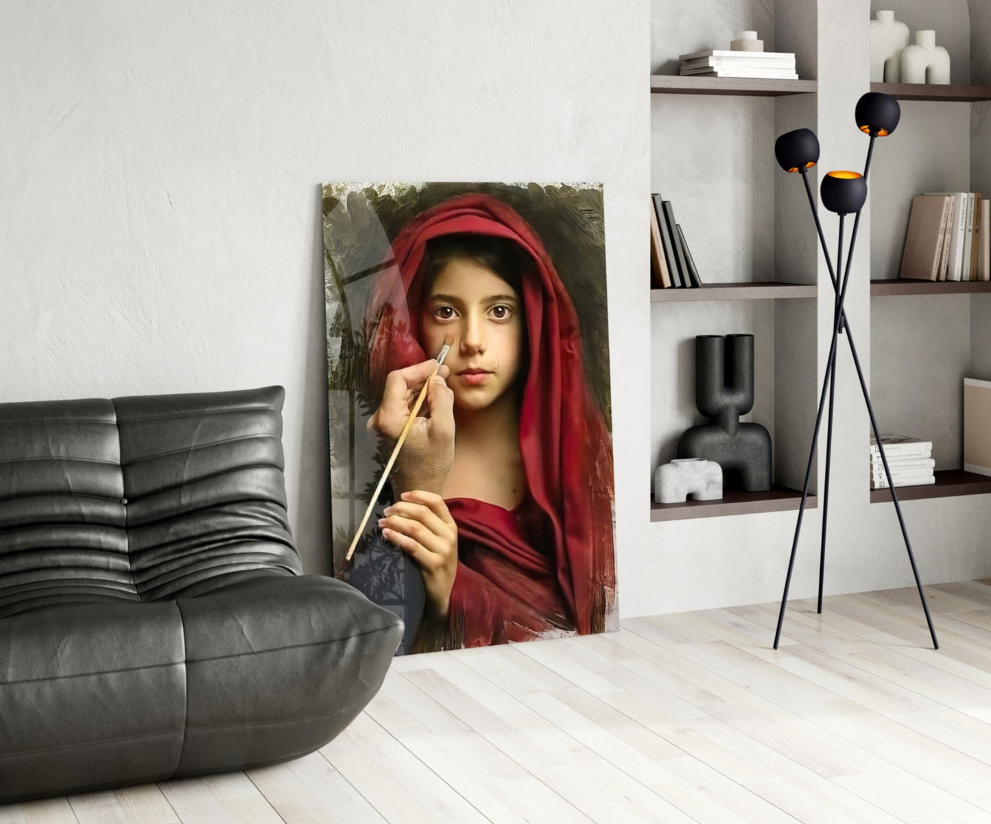 Portrait glass wall art depicting a young person with red headscarf holding a paintbrush, displayed in modern living room setting.