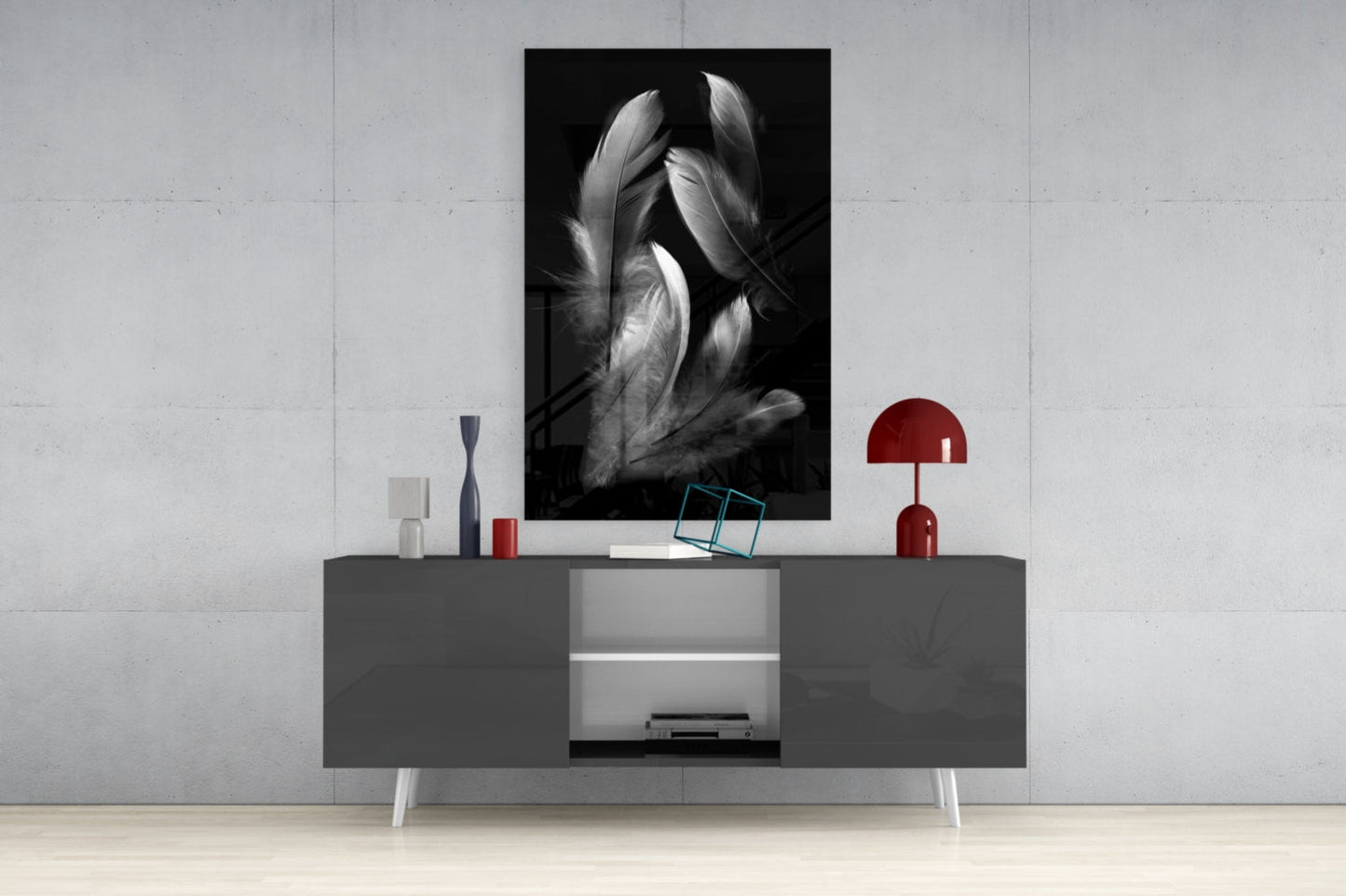 Silver Feather Cluster Black Glass Wall Art