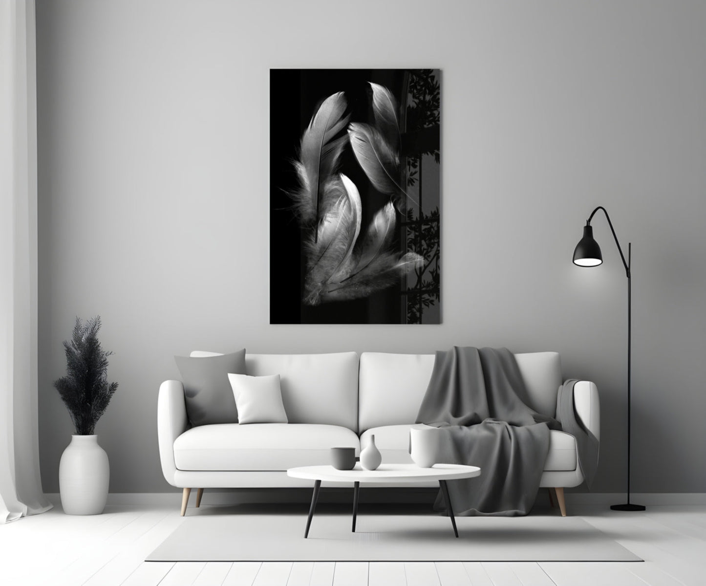Silver Feather Cluster Black Glass Wall Art
