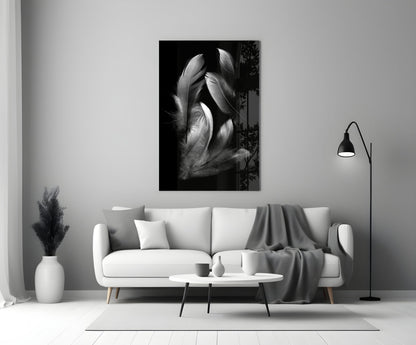 Silver Feather Cluster Black Glass Wall Art