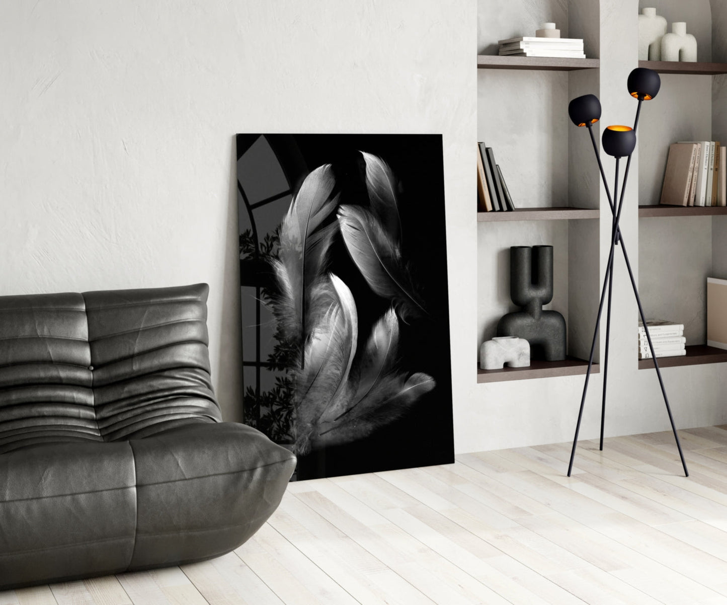 Silver Feather Cluster Black Glass Wall Art