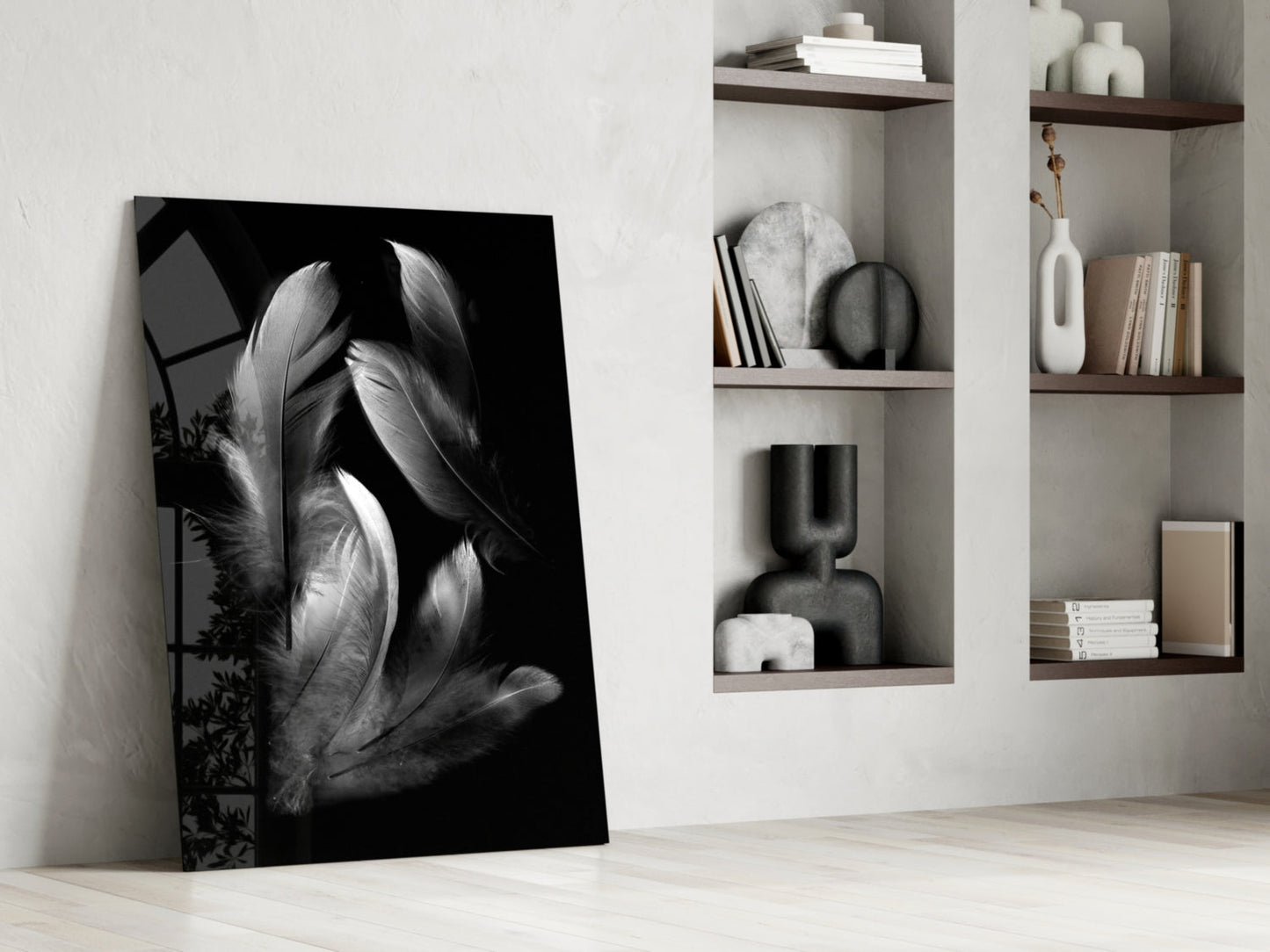 Silver Feather Cluster Black Glass Wall Art