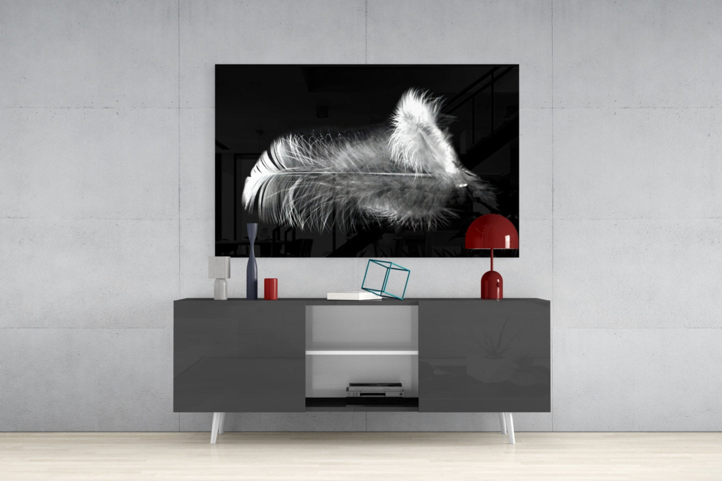 Soft White Feather Black Glass Wall Art