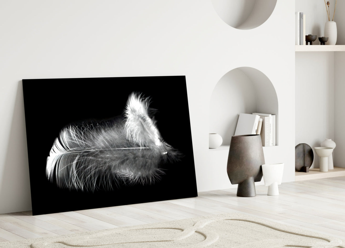 Soft White Feather Black Glass Wall Art