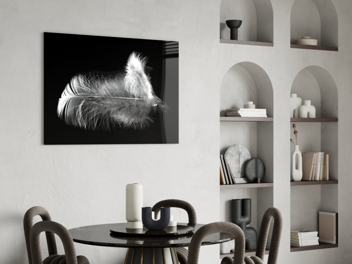 Soft White Feather Black Glass Wall Art