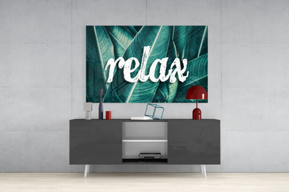 Relax Script on Teal Banana Leaves Glass Wall Art