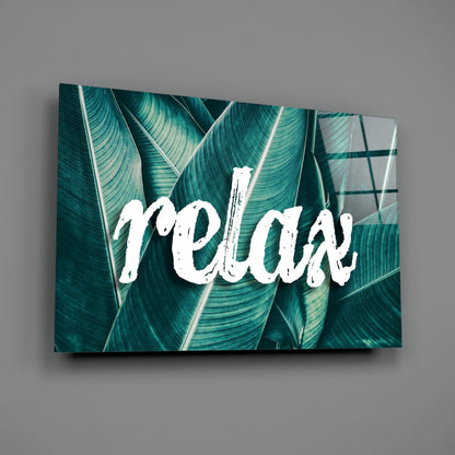 Relax Script on Teal Banana Leaves Glass Wall Art
