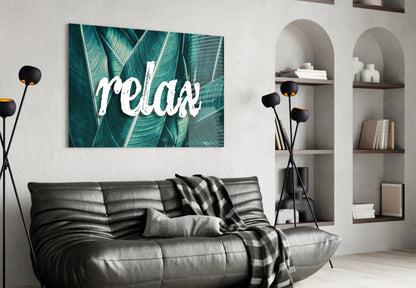 Relax Script on Teal Banana Leaves Glass Wall Art