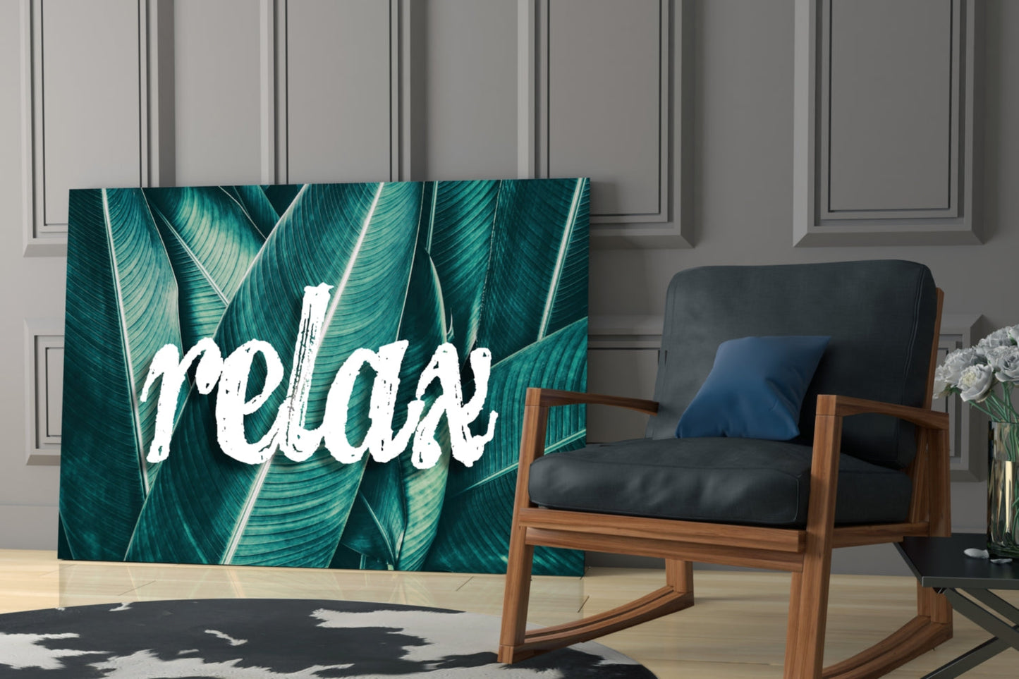 Relax Script on Teal Banana Leaves Glass Wall Art