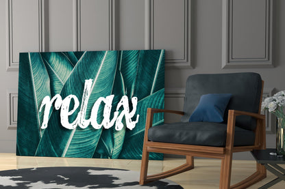 Relax Script on Teal Banana Leaves Glass Wall Art