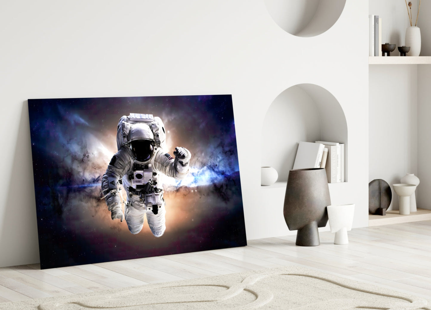 Warm Nebula Floating Astronaut Glass Wall Art