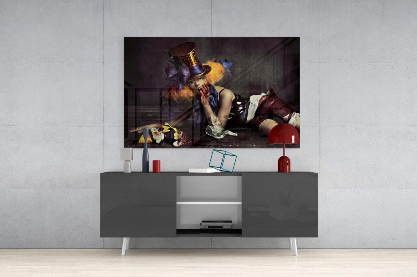 Reclining Circus Jester Woman Glass Wall Art