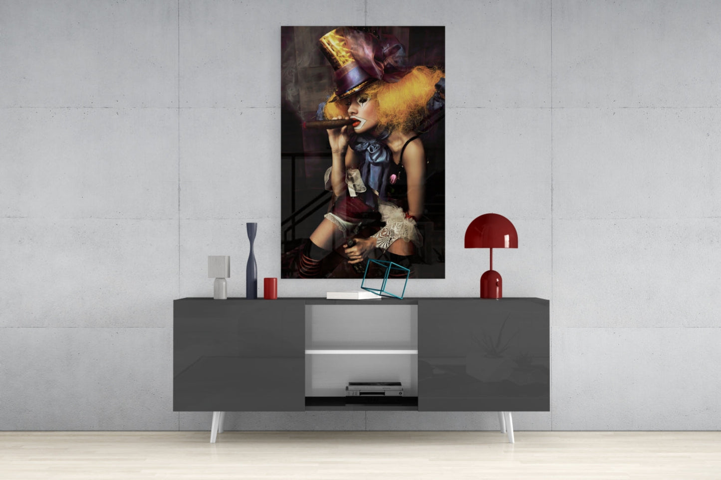 Top Hat Jester Woman With Cigar Glass Wall Art