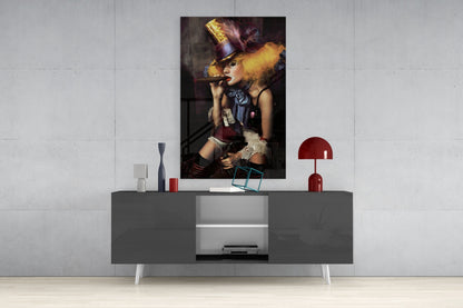 Top Hat Jester Woman With Cigar Glass Wall Art