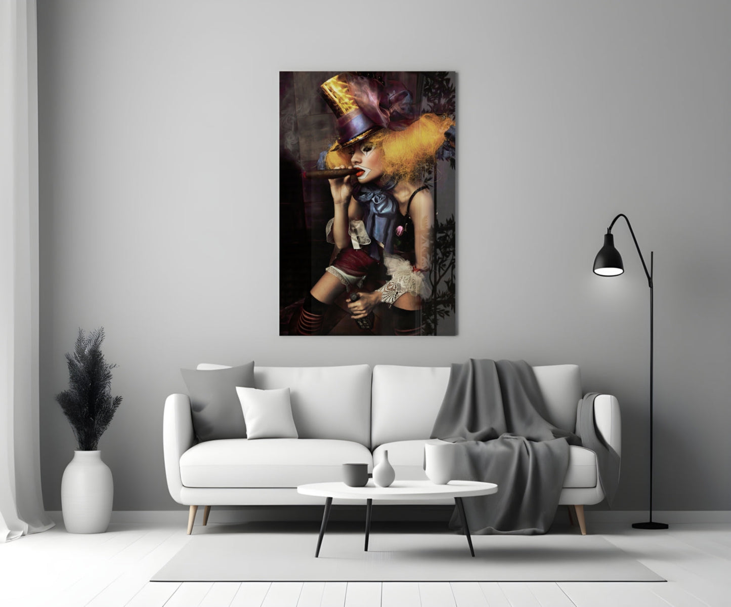 Top Hat Jester Woman With Cigar Glass Wall Art