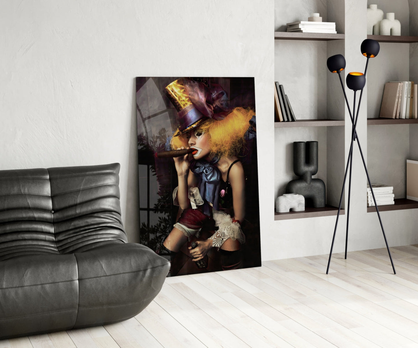 Top Hat Jester Woman With Cigar Glass Wall Art