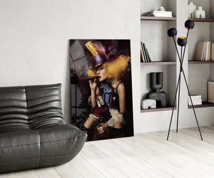 Top Hat Jester Woman With Cigar Glass Wall Art