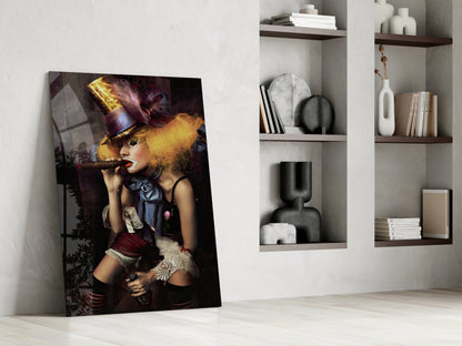 Top Hat Jester Woman With Cigar Glass Wall Art