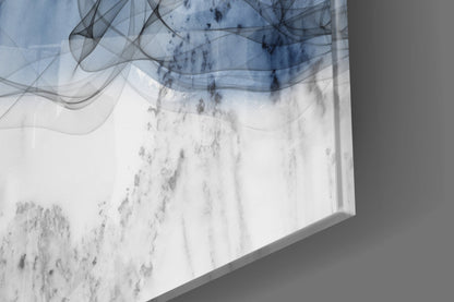 Close-up detail of Blue Fog Glass Wall Art showing textured white surface with blue-gray watercolor gradients and flowing line patterns.