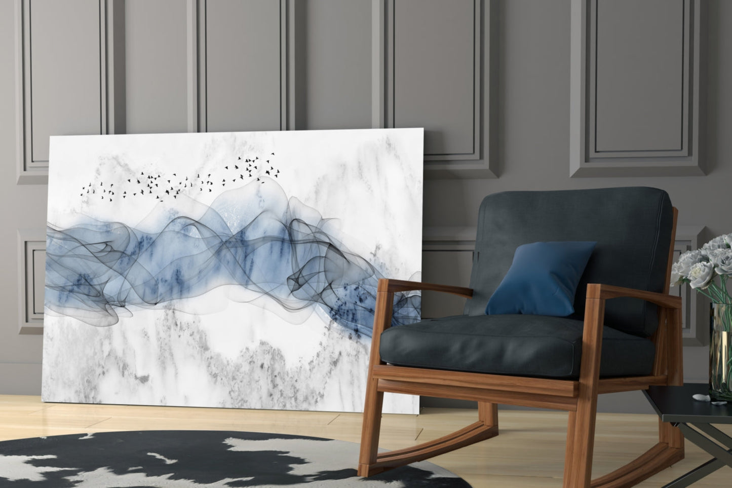 Blue Fog Glass Wall Art displayed on floor leaning against wall beside wooden-framed chair in modern interior setting.