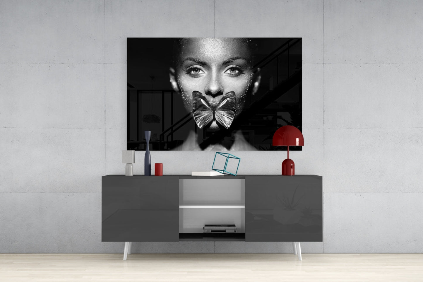 Silver Butterfly Over Lips Portrait Glass Wall Art
