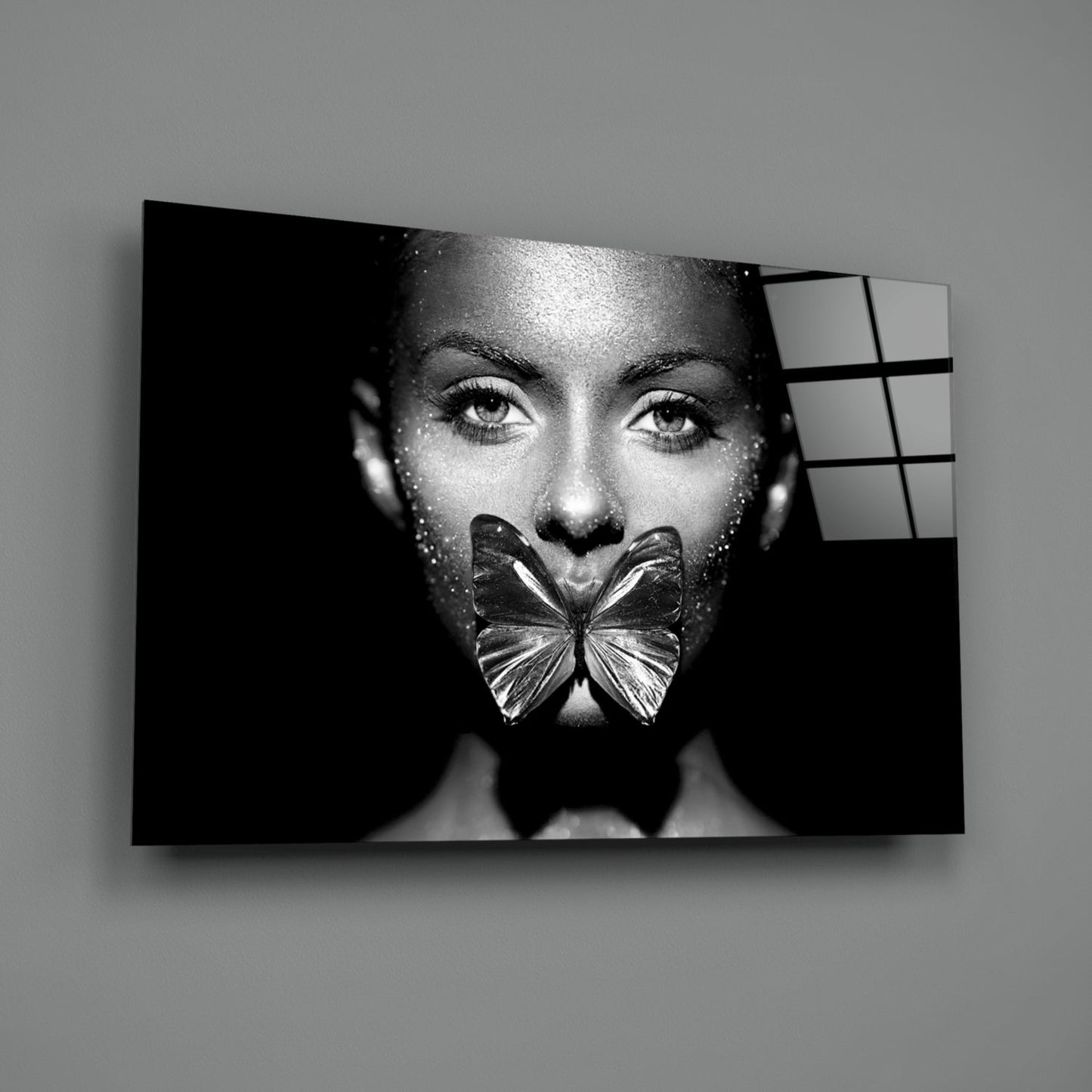 Silver Butterfly Over Lips Portrait Glass Wall Art
