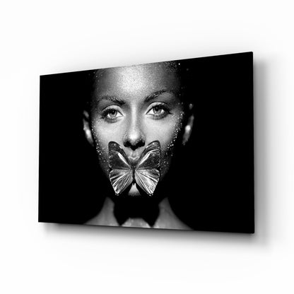 Silver Butterfly Over Lips Portrait Glass Wall Art