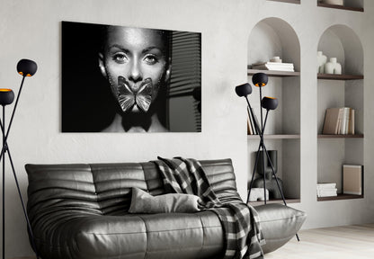 Silver Butterfly Over Lips Portrait Glass Wall Art