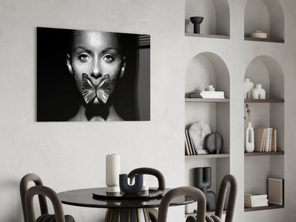 Silver Butterfly Over Lips Portrait Glass Wall Art