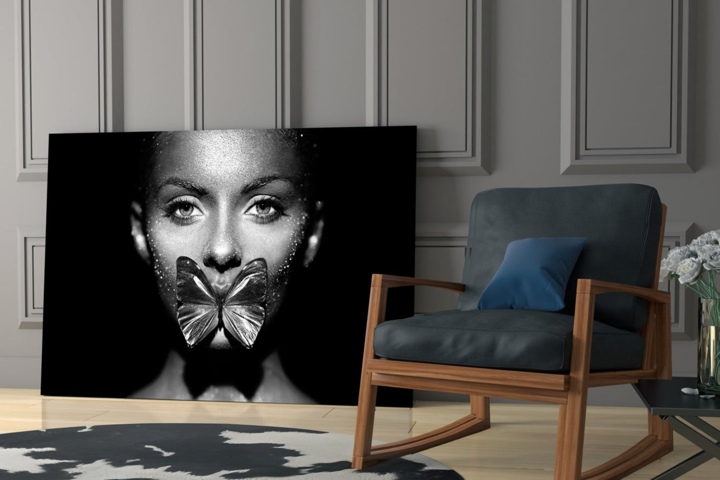 Silver Butterfly Over Lips Portrait Glass Wall Art